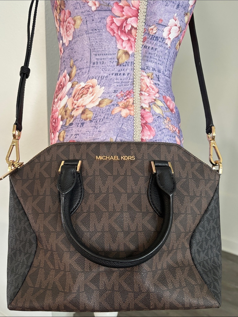 Michael Kors Brown & Black Logo Satchel with Gold Hardware